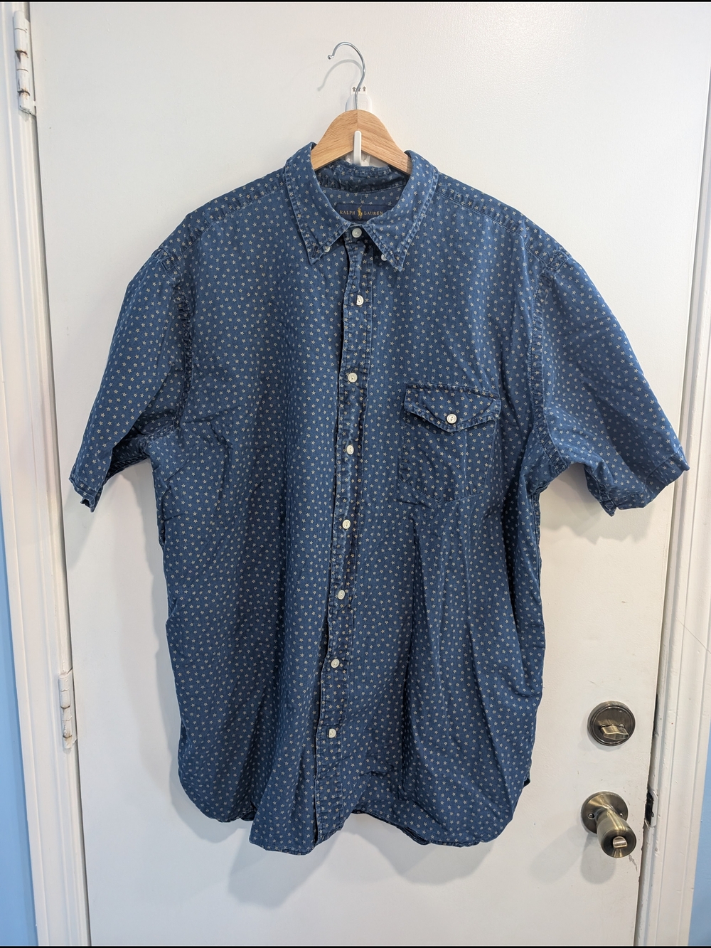 Ralph Lauren Men's Blue Star Pattern Short-Sleeve Button-Down Shirt XLT